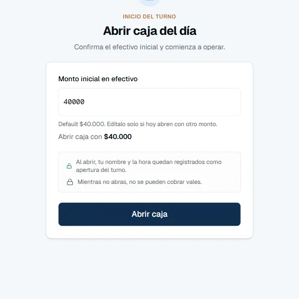 Pantalla real: abrir caja del día